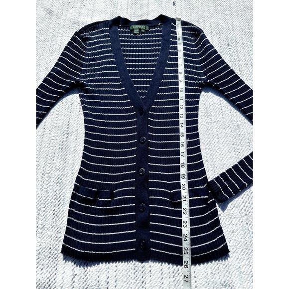 Lauren Ralph Lauren Sweater Blue White Striped Cardigan Nautical Ribbed Womens - Picture 13 of 16